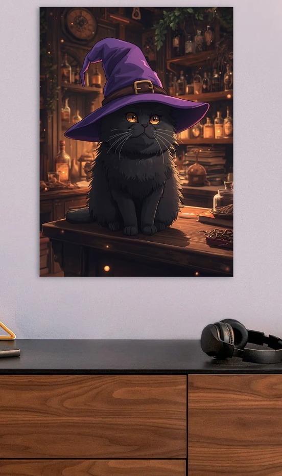 Black cat in a witch hat — metal poster wall art by Lineer
